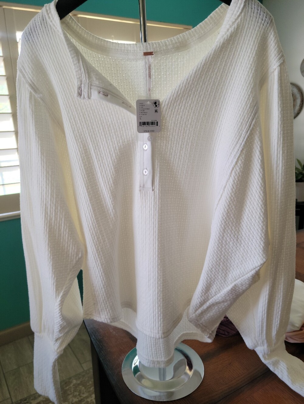Free People Cream Waffle-Knit Henley Long-Sleeve Top - Picture 4 of 11